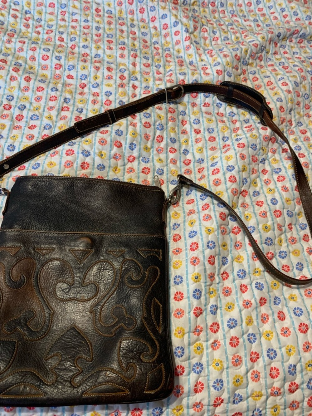 Leather Crossbody Bag with Decorative Stitching - Dark Brown - Picture 2 of 11